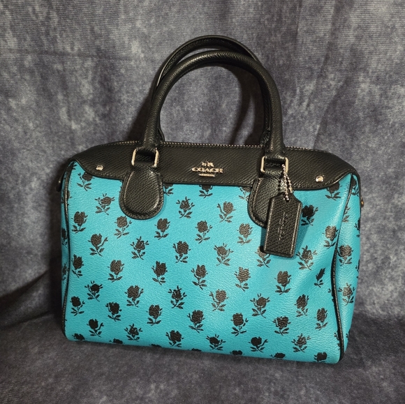 Coach Badlands Mini Bennett Satchel-Black and Teal Floral-Matching Wallet - Picture 6 of 15